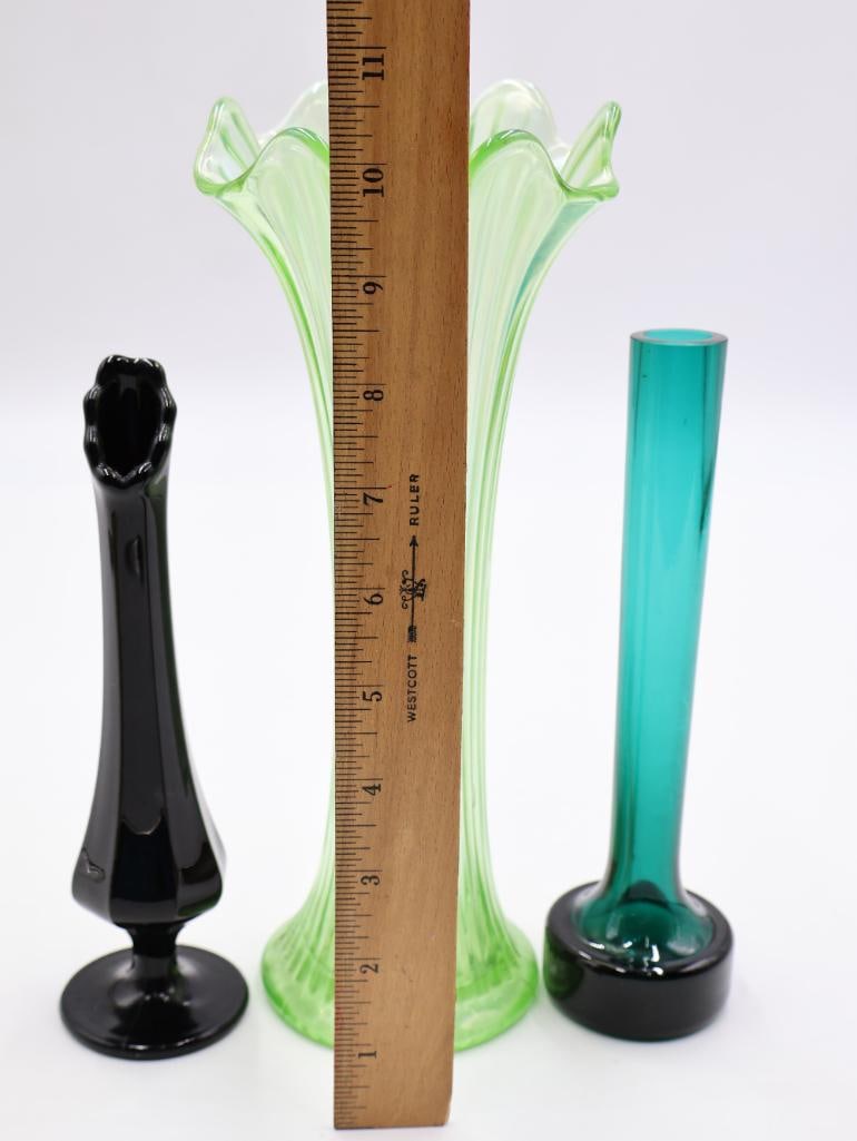 3 Vintage Art Glass Vases Pearlescent Green, Teal and Black - 2