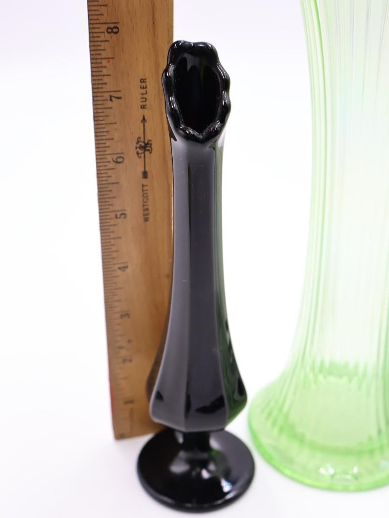 3 Vintage Art Glass Vases Pearlescent Green, Teal and Black - 3