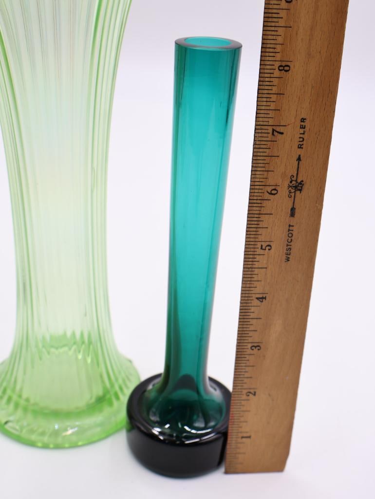 3 Vintage Art Glass Vases Pearlescent Green, Teal and Black - 6