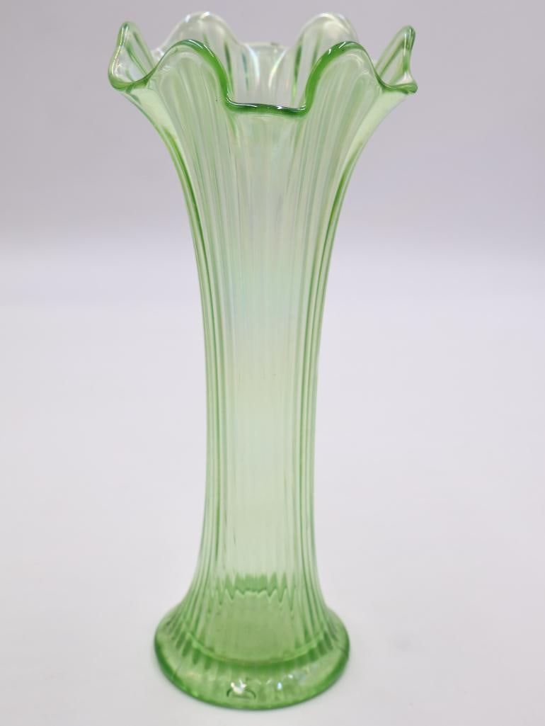 3 Vintage Art Glass Vases Pearlescent Green, Teal and Black - 8