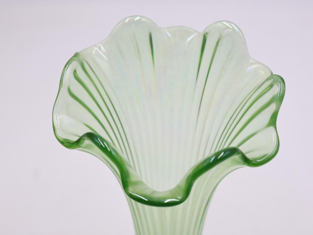3 Vintage Art Glass Vases Pearlescent Green, Teal and Black - 9