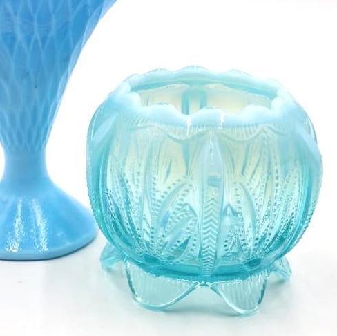 Vintage Blue Opalescent Glass Fan Vase and Footed Rose Bowl - 2