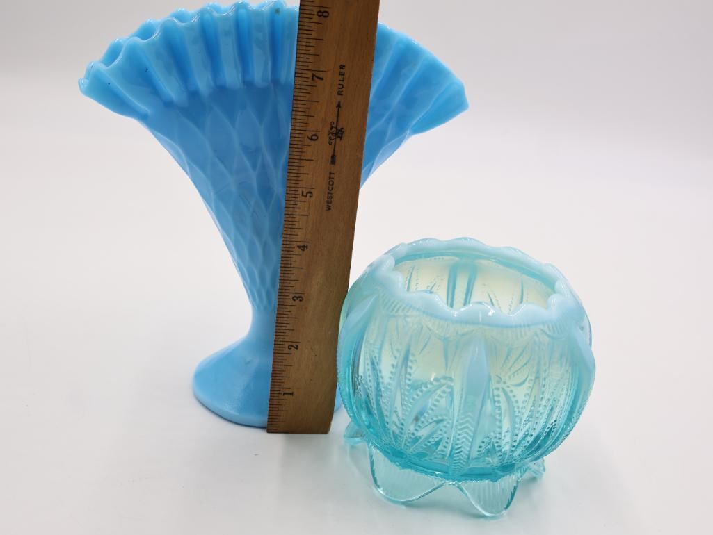 Vintage Blue Opalescent Glass Fan Vase and Footed Rose Bowl - 3