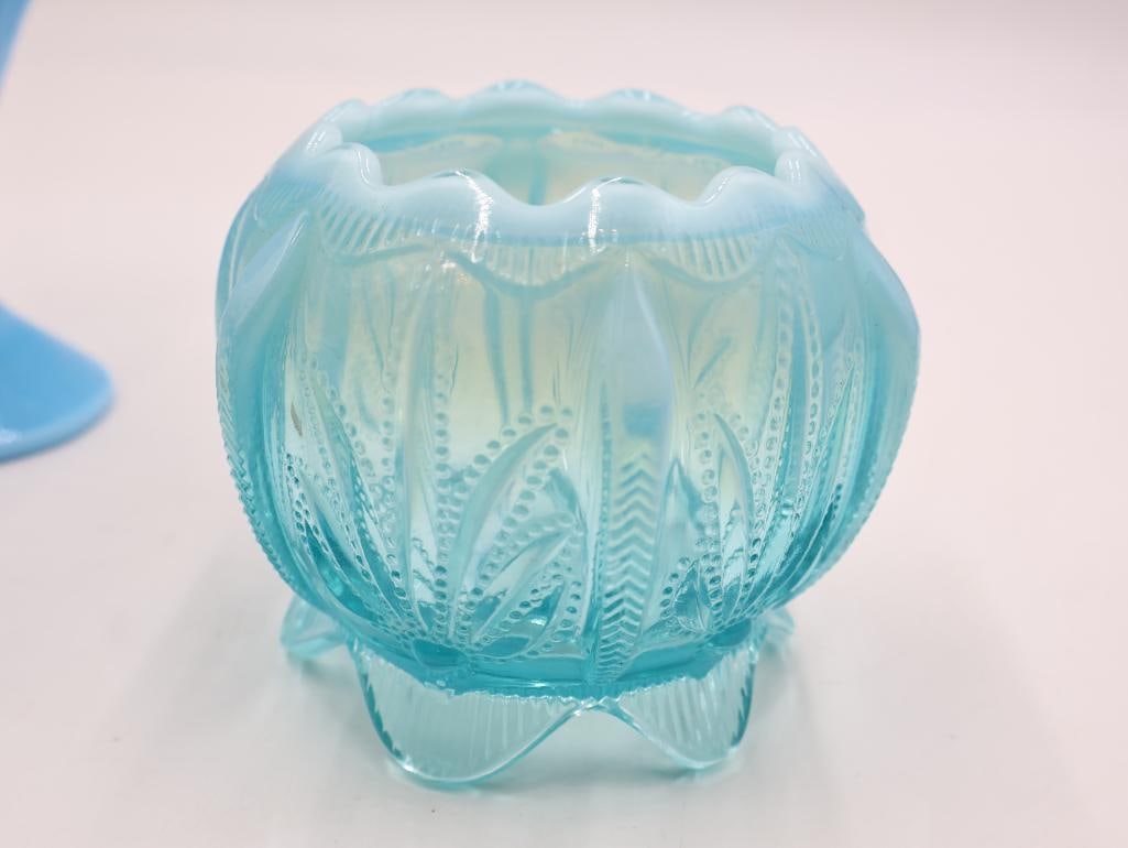 Vintage Blue Opalescent Glass Fan Vase and Footed Rose Bowl - 4