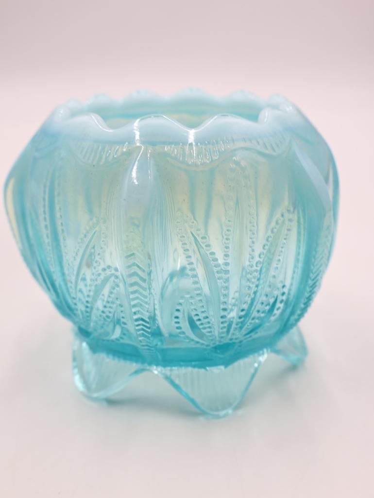 Vintage Blue Opalescent Glass Fan Vase and Footed Rose Bowl - 5