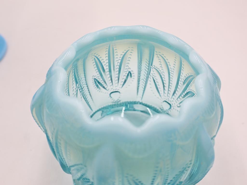 Vintage Blue Opalescent Glass Fan Vase and Footed Rose Bowl - 6
