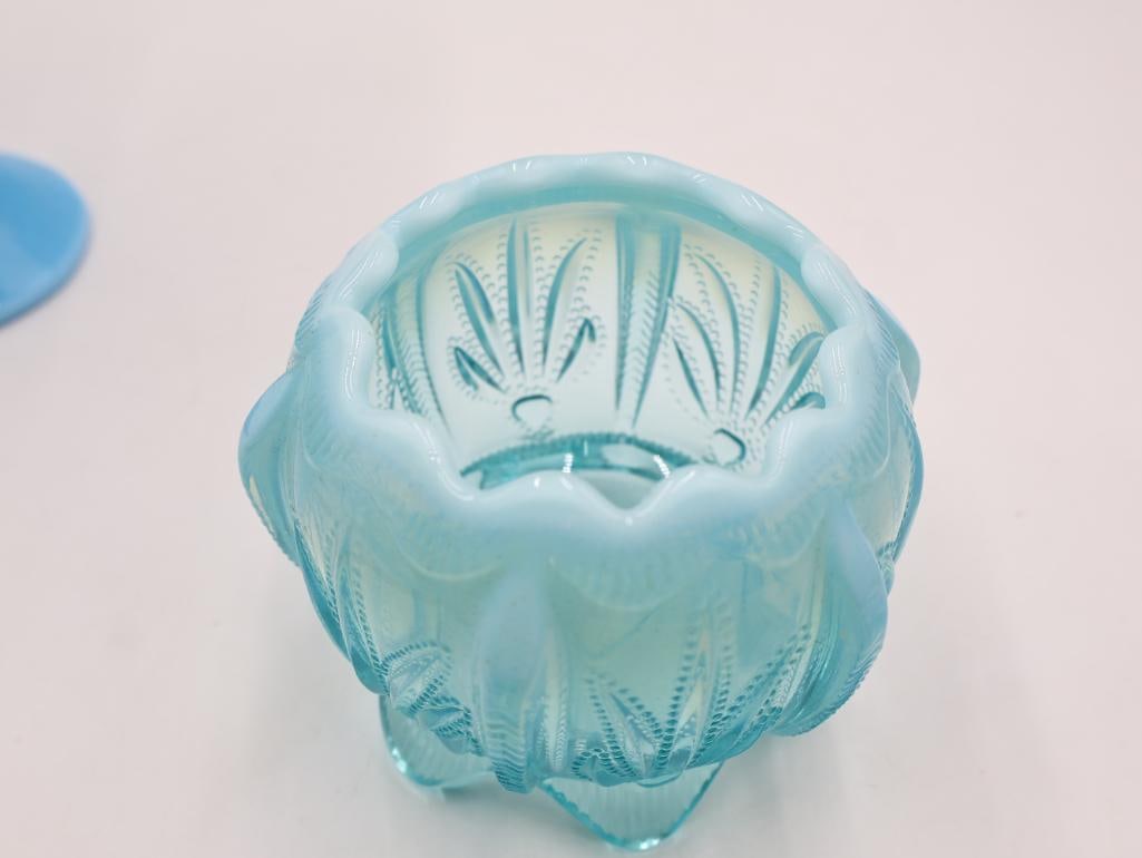 Vintage Blue Opalescent Glass Fan Vase and Footed Rose Bowl - 7