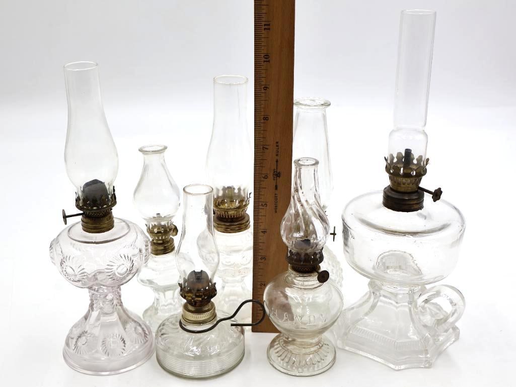 Collection of 7 Antique Clear Glass Kerosene Oil Lamps - 2