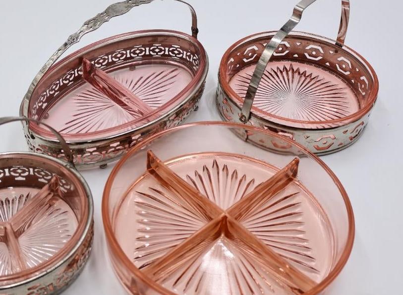 Vintage Pink Depression Glass Divided Relish Trays with Chrome Carriers 4 Pieces - 2