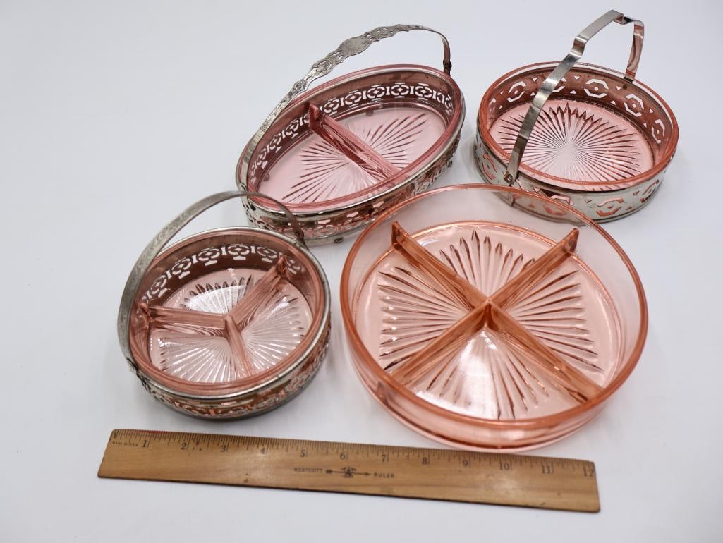 Vintage Pink Depression Glass Divided Relish Trays with Chrome Carriers 4 Pieces - 3