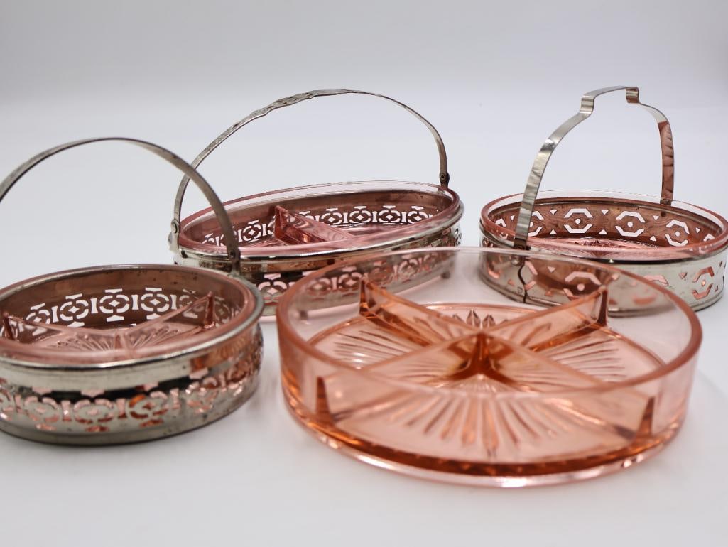 Vintage Pink Depression Glass Divided Relish Trays with Chrome Carriers 4 Pieces - 4