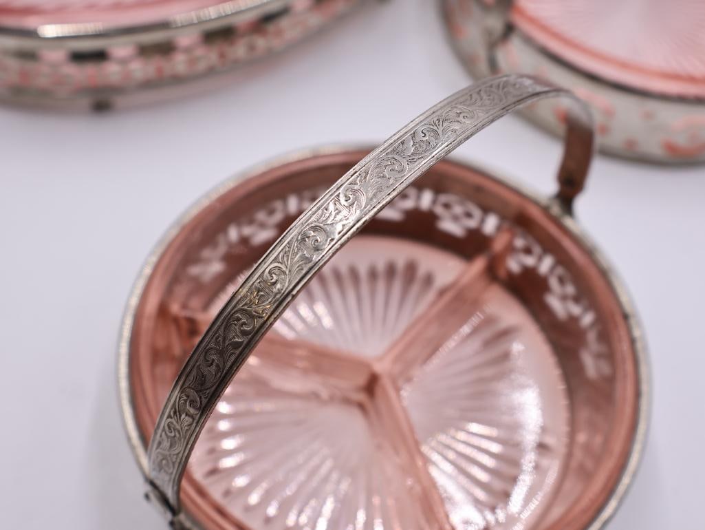 Vintage Pink Depression Glass Divided Relish Trays with Chrome Carriers 4 Pieces - 7