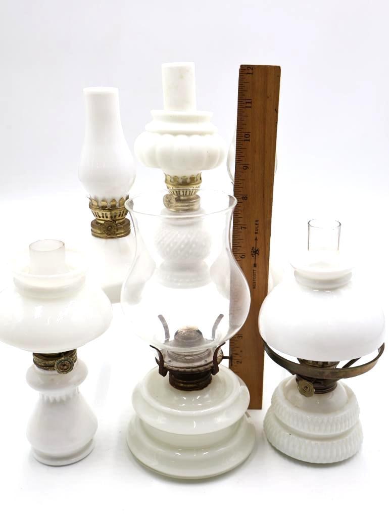 Collection of 6 Vintage White Milk Glass Kerosene Oil Lamps Miniature & Table Lamps - 2