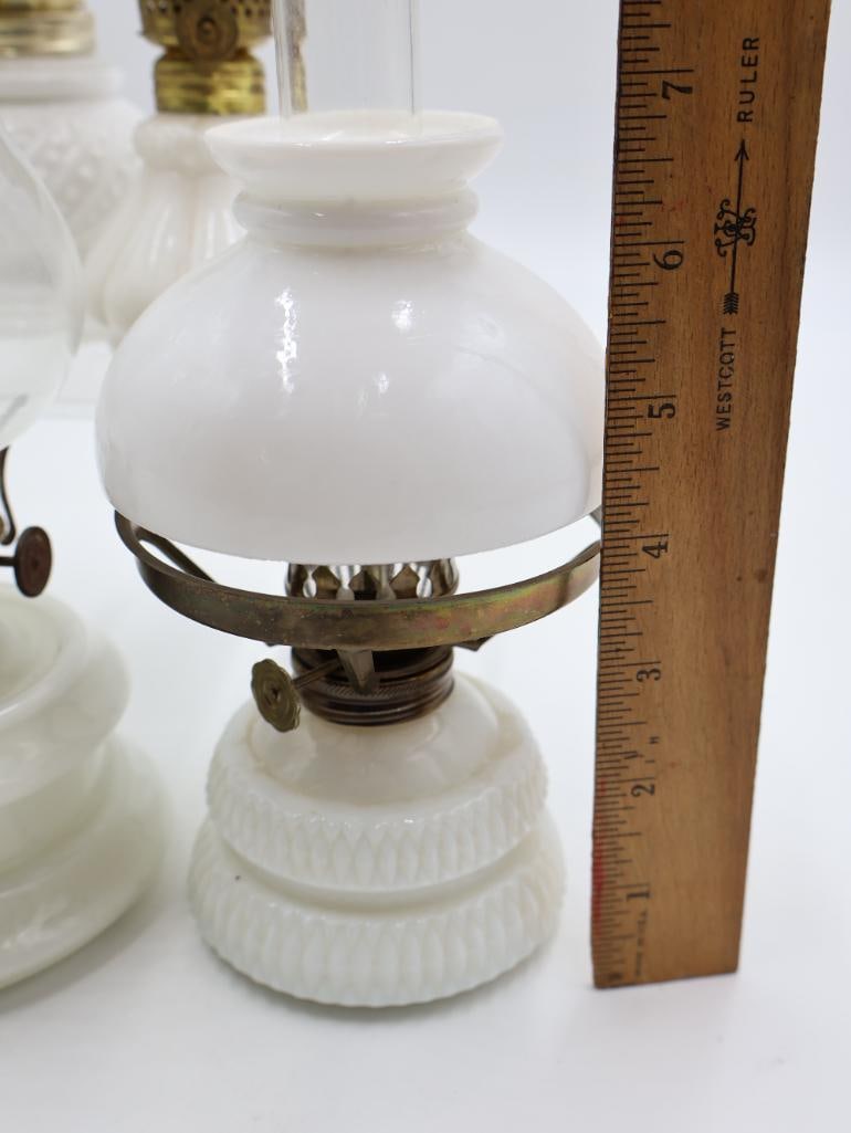 Collection of 6 Vintage White Milk Glass Kerosene Oil Lamps Miniature & Table Lamps - 3