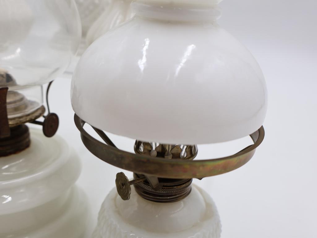 Collection of 6 Vintage White Milk Glass Kerosene Oil Lamps Miniature & Table Lamps - 4