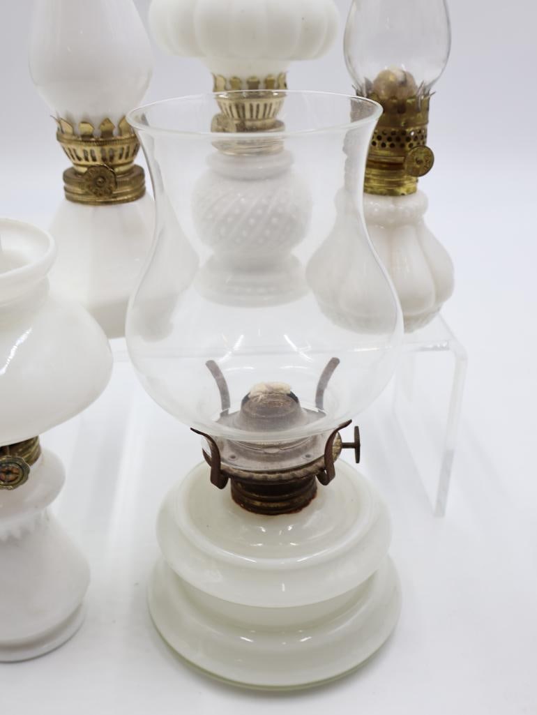 Collection of 6 Vintage White Milk Glass Kerosene Oil Lamps Miniature & Table Lamps - 7