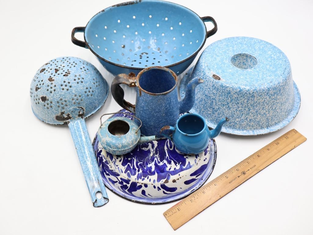 Vintage Blue and White Graniteware Enamelware Collection Colanders, Coffee Pots and Basin - 2