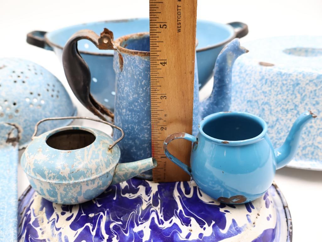 Vintage Blue and White Graniteware Enamelware Collection Colanders, Coffee Pots and Basin - 3
