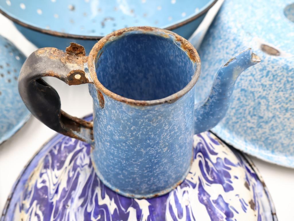 Vintage Blue and White Graniteware Enamelware Collection Colanders, Coffee Pots and Basin - 7