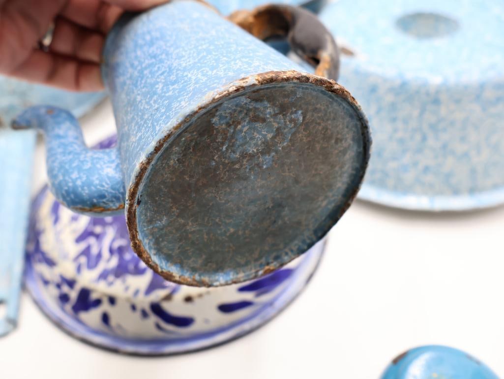 Vintage Blue and White Graniteware Enamelware Collection Colanders, Coffee Pots and Basin - 8