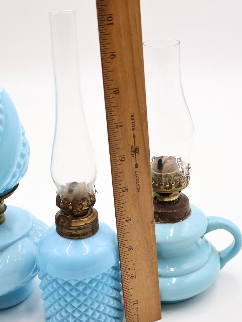Vintage Blue Milk Glass Kerosene Oil Lamps 4 Piece Collection - 2