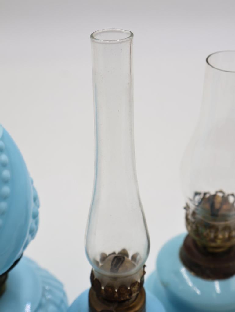 Vintage Blue Milk Glass Kerosene Oil Lamps 4 Piece Collection - 3