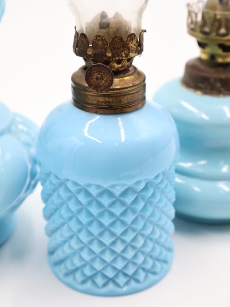Vintage Blue Milk Glass Kerosene Oil Lamps 4 Piece Collection - 4