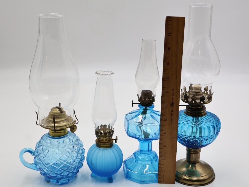 Four Vintage Blue Glass Oil Lamps Pressed, Ribbed and Satin Glass - 2