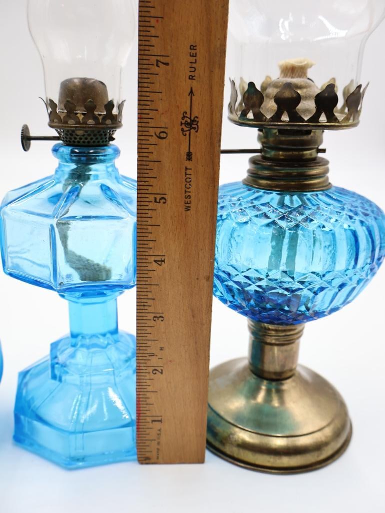 Four Vintage Blue Glass Oil Lamps Pressed, Ribbed and Satin Glass - 3