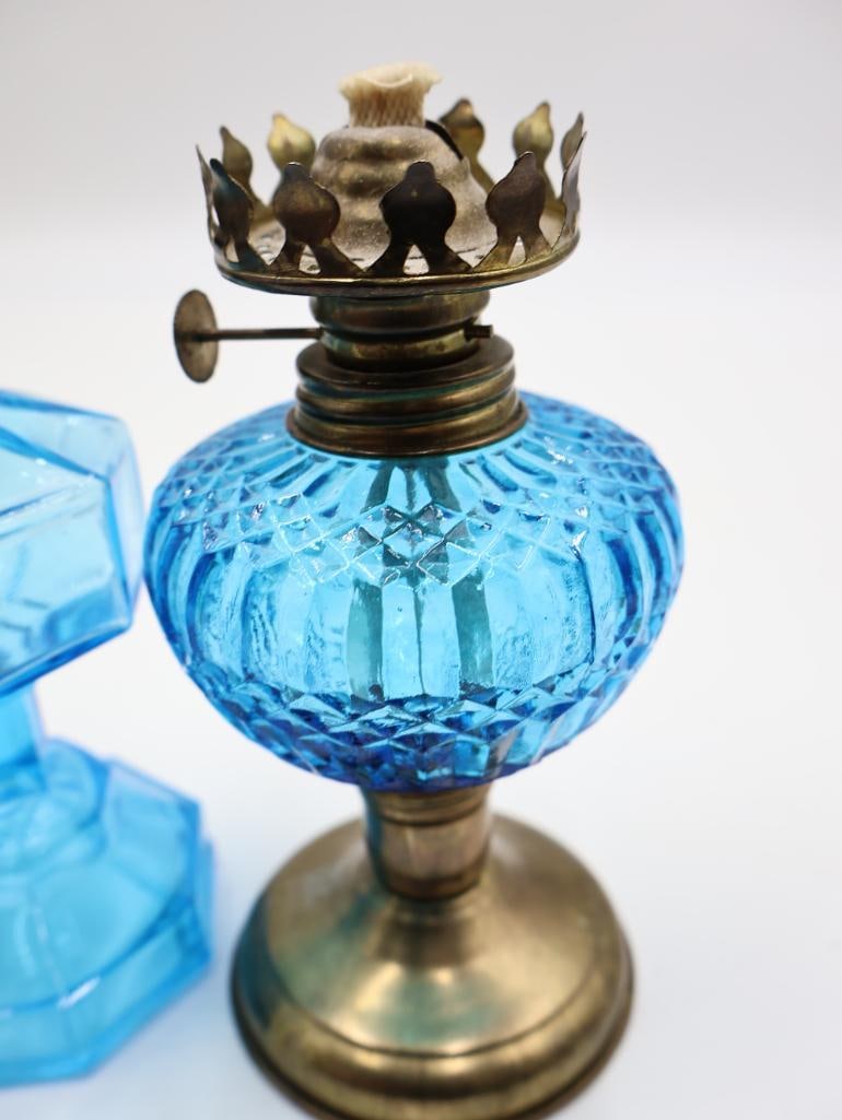 Four Vintage Blue Glass Oil Lamps Pressed, Ribbed and Satin Glass - 4