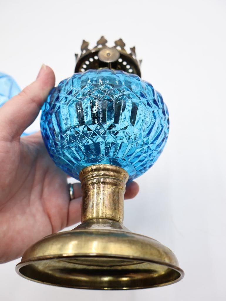 Four Vintage Blue Glass Oil Lamps Pressed, Ribbed and Satin Glass - 5