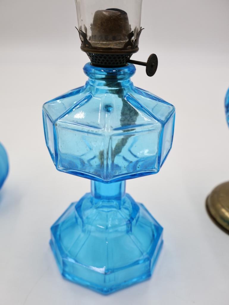 Four Vintage Blue Glass Oil Lamps Pressed, Ribbed and Satin Glass - 6