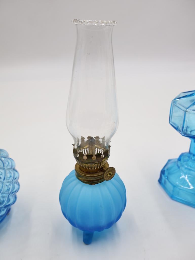 Four Vintage Blue Glass Oil Lamps Pressed, Ribbed and Satin Glass - 7