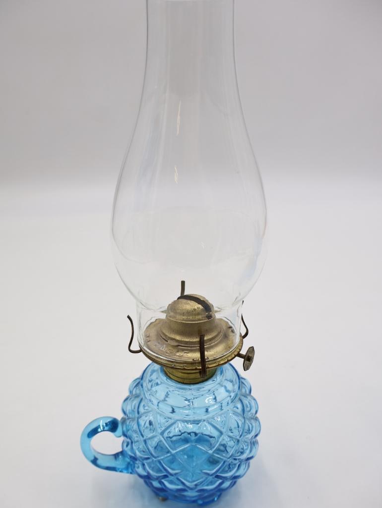 Four Vintage Blue Glass Oil Lamps Pressed, Ribbed and Satin Glass - 9