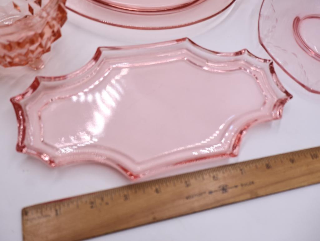 Vintage Depression-Era Pink Glass Collection Vase, Trays and Dishes - 2