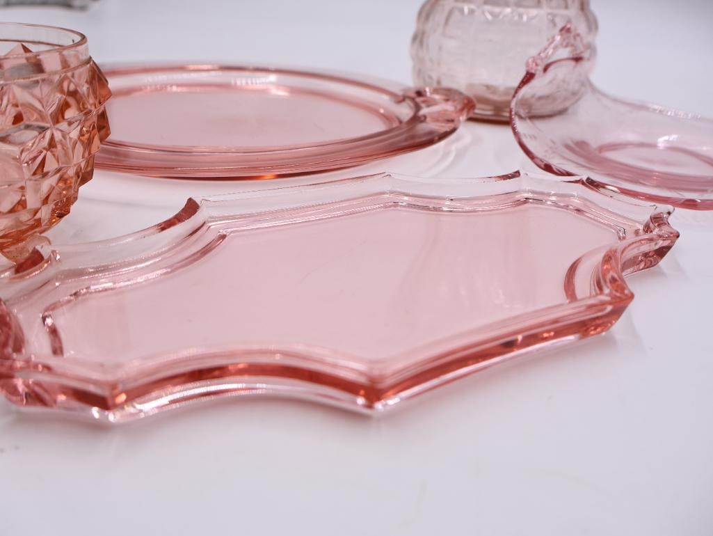 Vintage Depression-Era Pink Glass Collection Vase, Trays and Dishes - 3