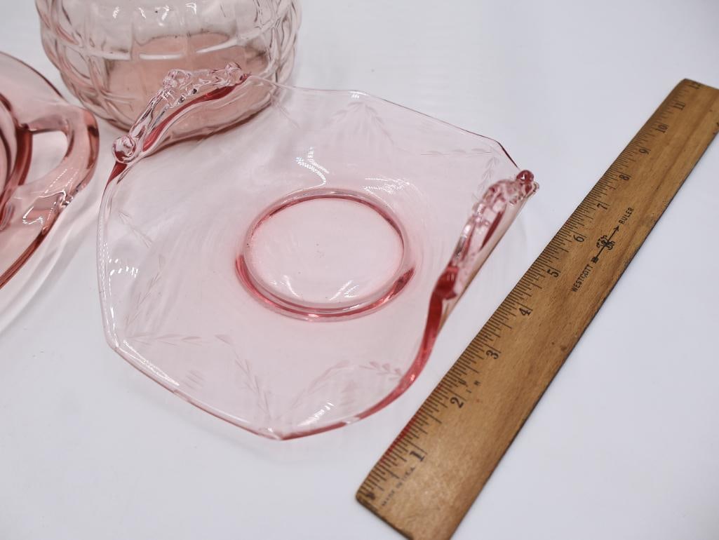 Vintage Depression-Era Pink Glass Collection Vase, Trays and Dishes - 6
