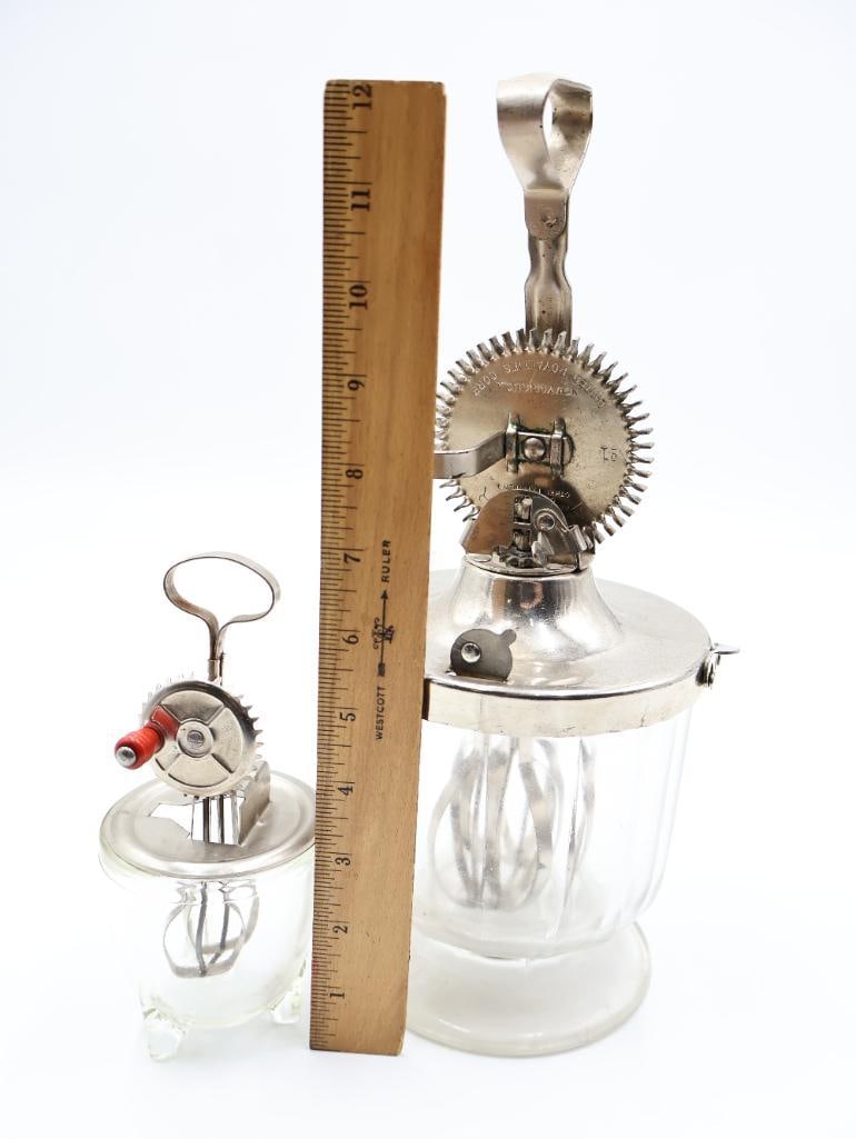 Two Antique Hand-Crank Egg Beaters / Kitchen Mixers with Glass Jars - 2