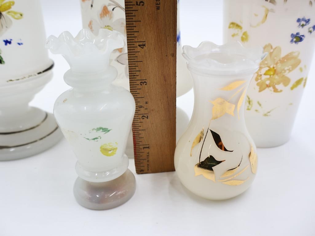 Collection of 5 Antique Victorian Milk Glass Vases Hand-Painted Floral and Butterfly - 2