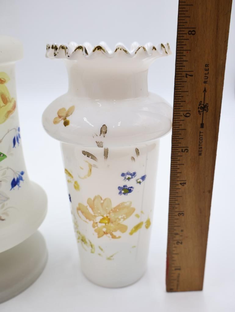 Collection of 5 Antique Victorian Milk Glass Vases Hand-Painted Floral and Butterfly - 4