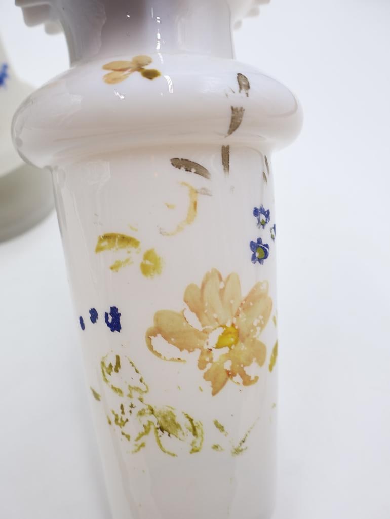 Collection of 5 Antique Victorian Milk Glass Vases Hand-Painted Floral and Butterfly - 5
