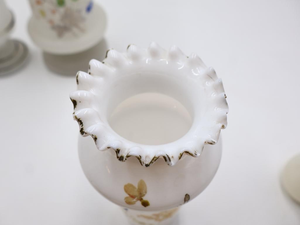 Collection of 5 Antique Victorian Milk Glass Vases Hand-Painted Floral and Butterfly - 6