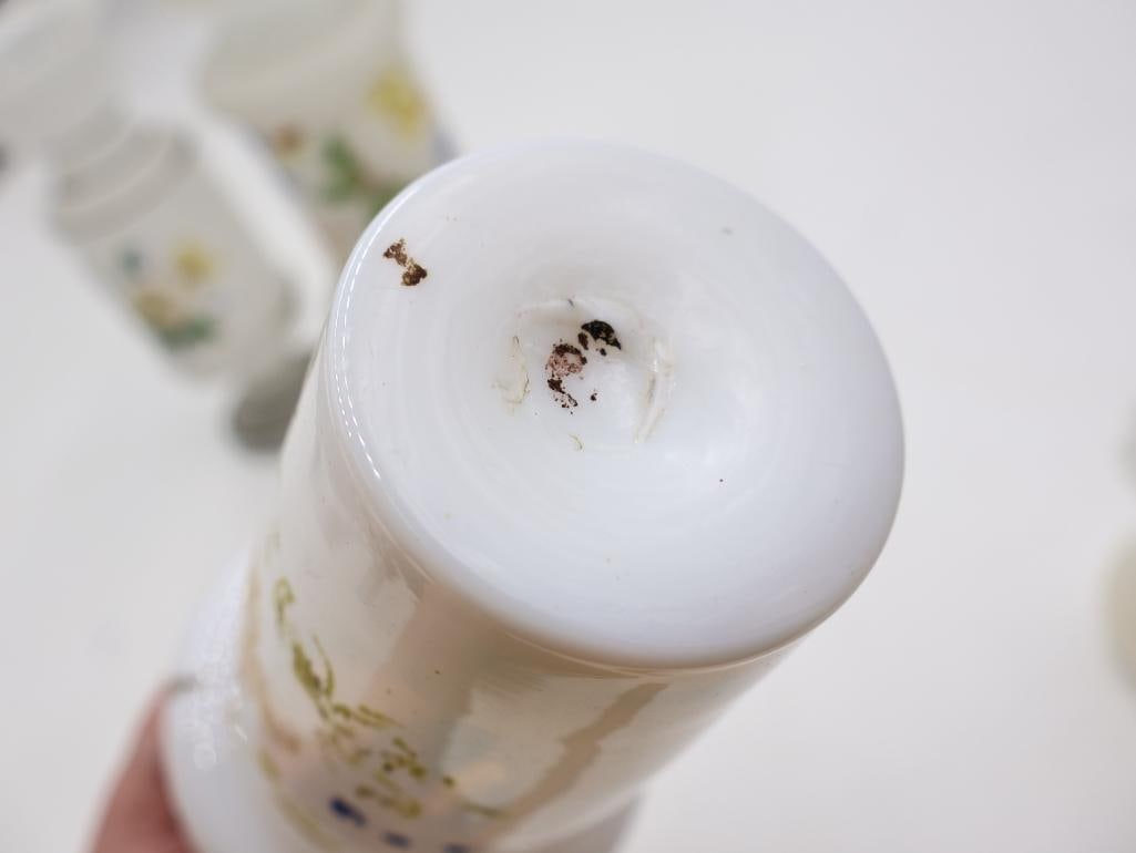 Collection of 5 Antique Victorian Milk Glass Vases Hand-Painted Floral and Butterfly - 7
