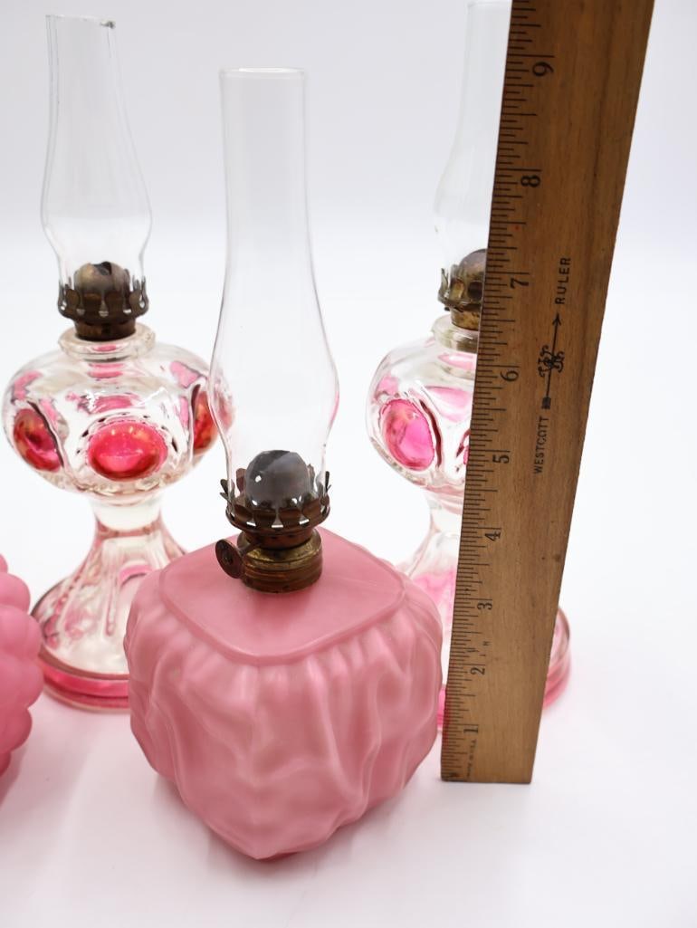 Collection of 5 Vintage Pink Glass Kerosene Oil Lamps with Chimneys - 3