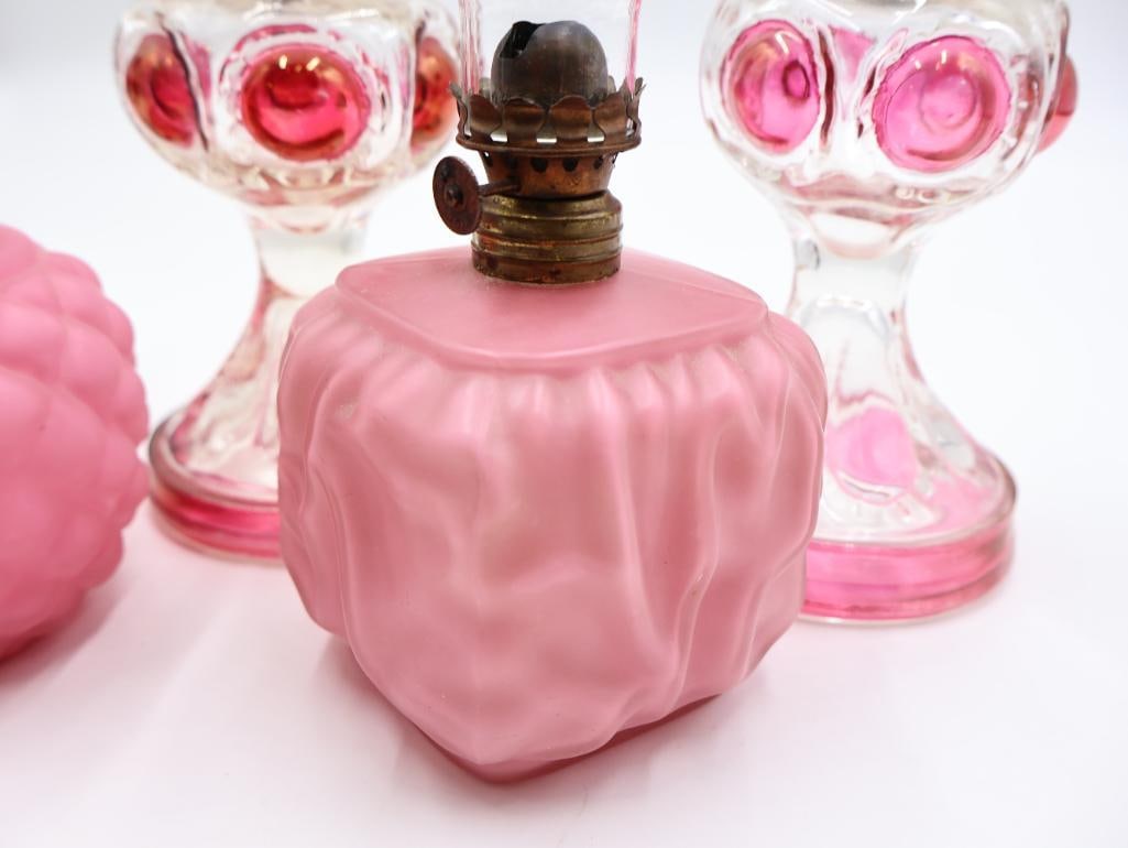 Collection of 5 Vintage Pink Glass Kerosene Oil Lamps with Chimneys - 4