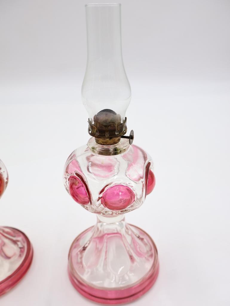 Collection of 5 Vintage Pink Glass Kerosene Oil Lamps with Chimneys - 6
