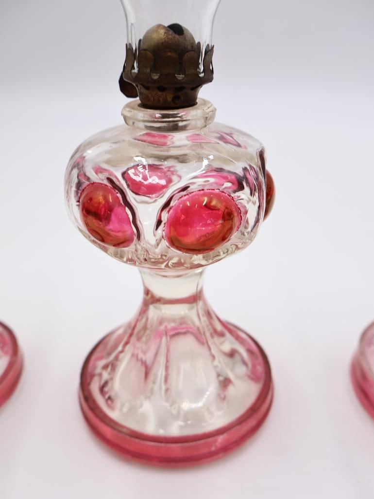Collection of 5 Vintage Pink Glass Kerosene Oil Lamps with Chimneys - 7