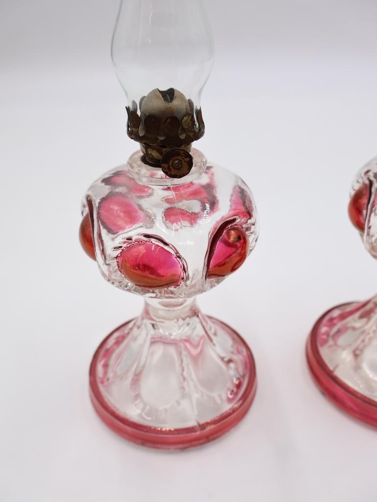 Collection of 5 Vintage Pink Glass Kerosene Oil Lamps with Chimneys - 8