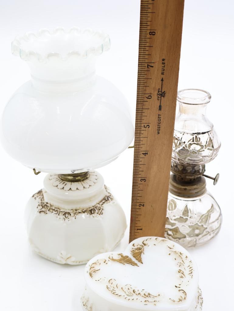 Antique Milk Glass and Clear Glass Oil Lamps with Heart-Shaped Trinket Box - 2