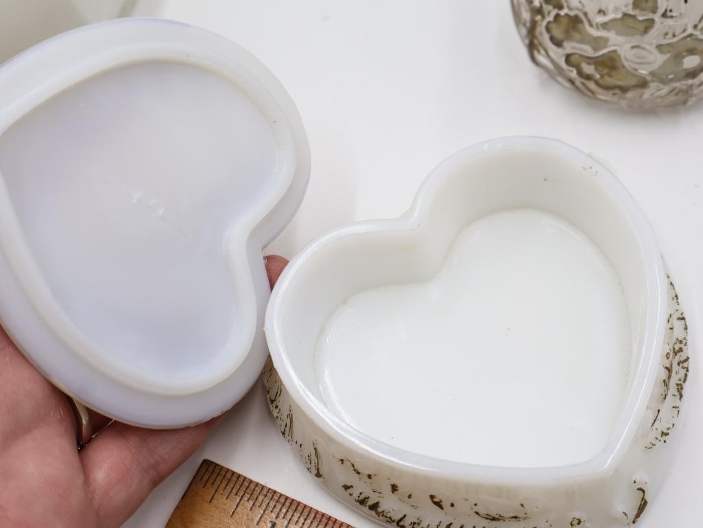 Antique Milk Glass and Clear Glass Oil Lamps with Heart-Shaped Trinket Box - 8